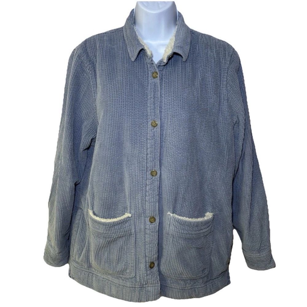 L.L. Bean Woman's Button Up Sherpa Lined Corduroy Jacket Chore Blue Medium Barn